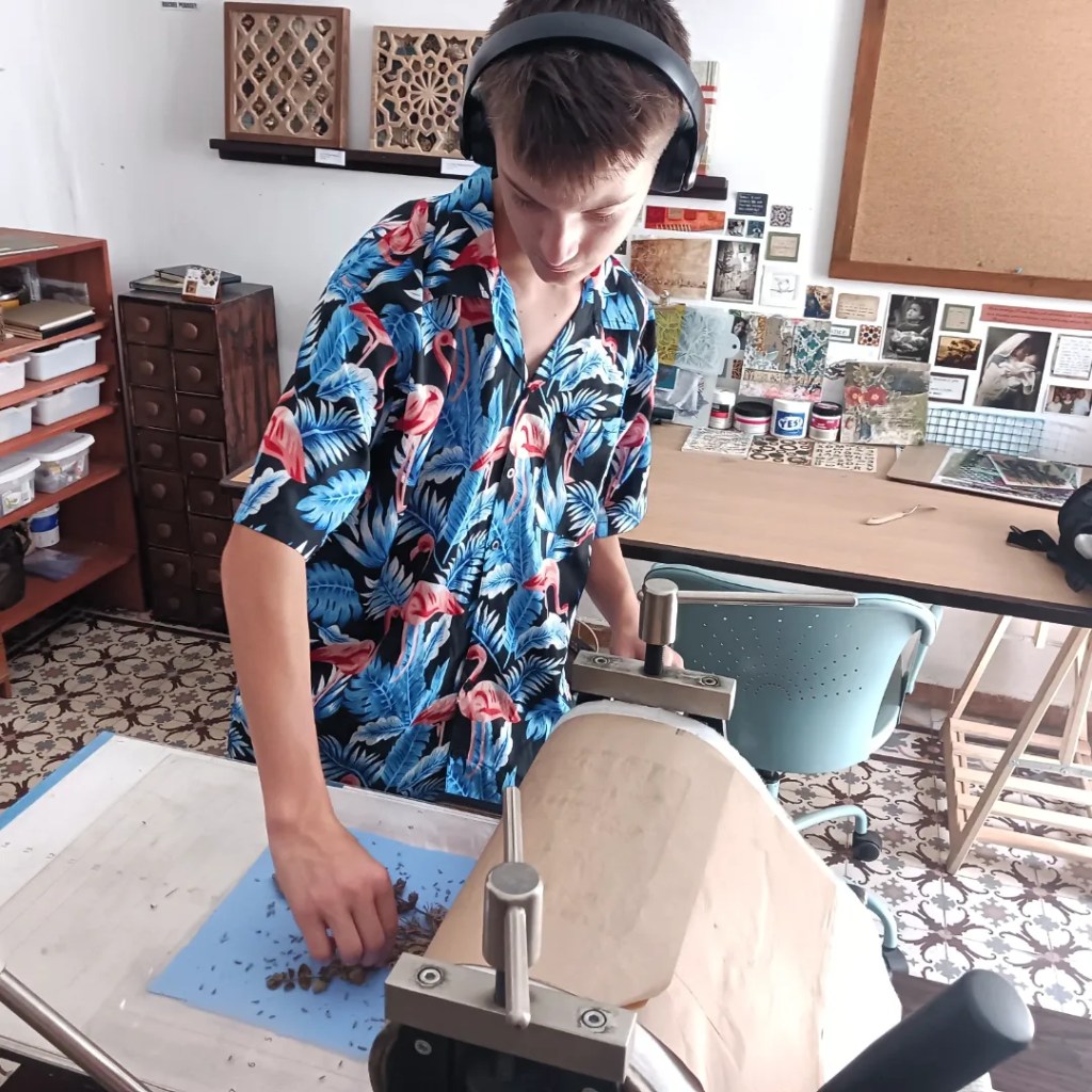 Thatcher Gray printmaking at Green Olive Arts, Tetouan, Morocco