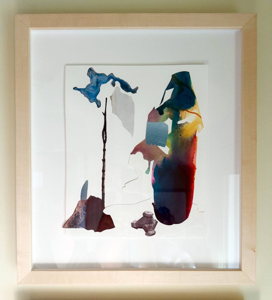 Libby Barbee collage art in the HABITAT Library pop-up at the Galleries on Downing, Denver - supporting the Chefs for Gaza program through the World Central Kitchen