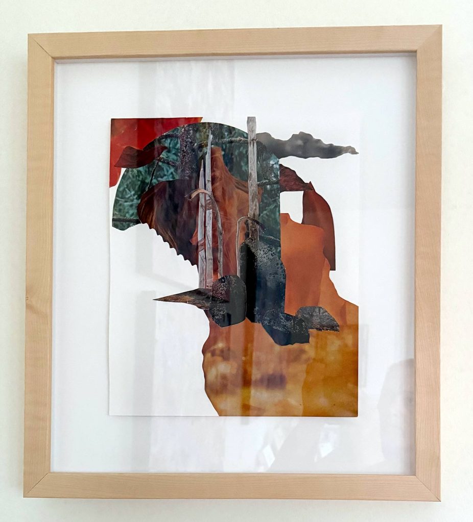 Libby Barbee collage art in the HABITAT Library pop-up at the Galleries on Downing, Denver - supporting the Chefs for Gaza program through the World Central Kitchen