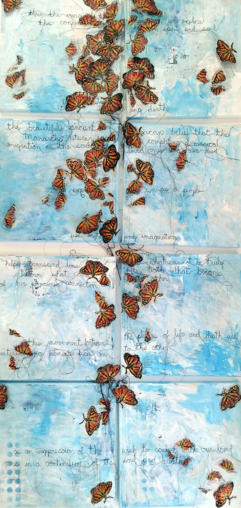 Stephanie Hilvitz collage painting of Monarchs integrates sewn reflections of migration